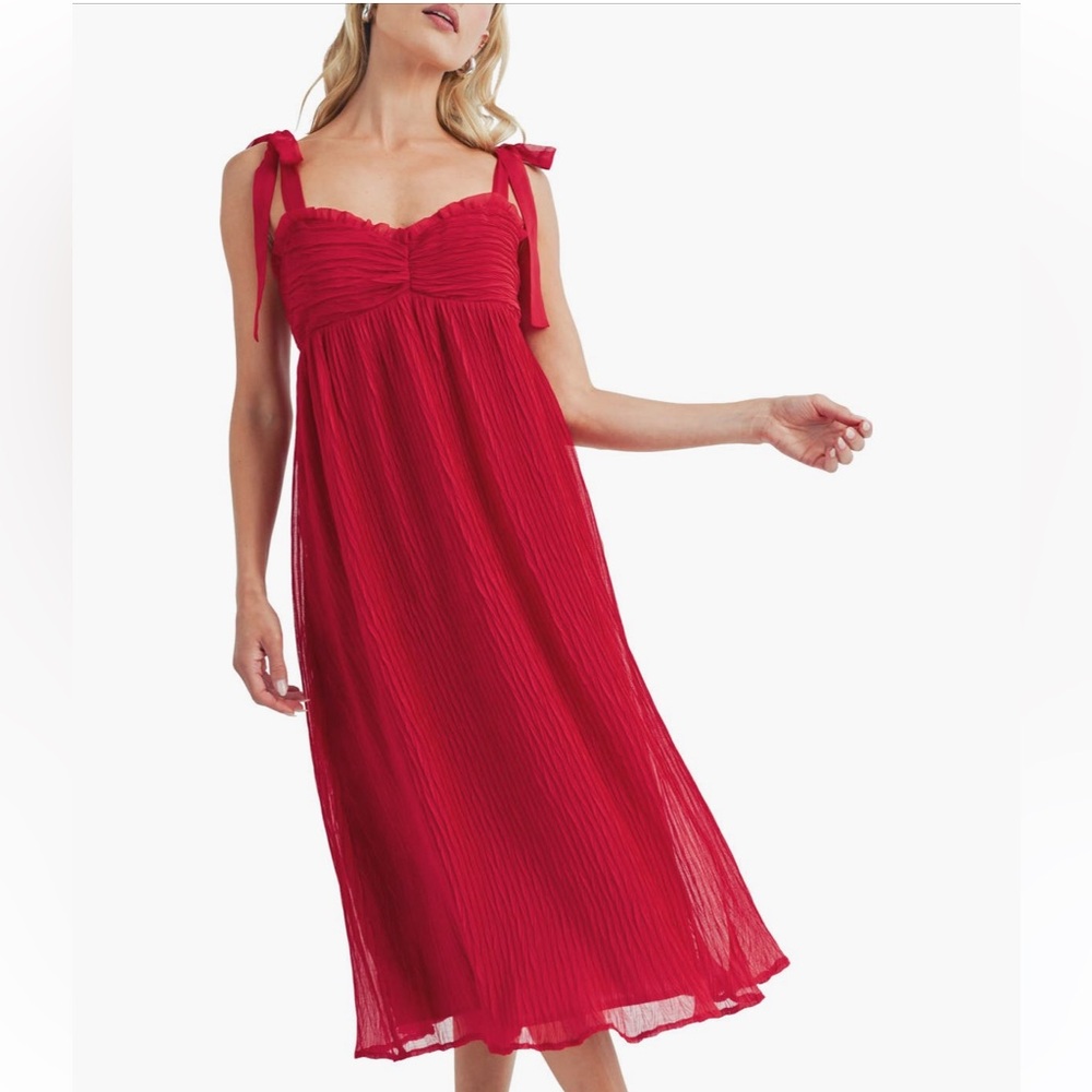 LUSH Red Tie Strap Pleated Midi Dress Small Sweetheart Flowy Wedding Guest Small